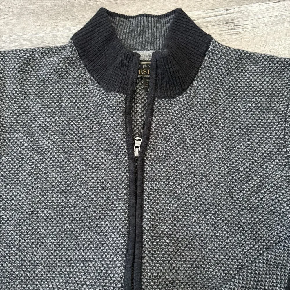 Jos A Bank Reserve Full-Zip Sweater Men XXL Black Gray Mock Neck Knit Wool Nylon
